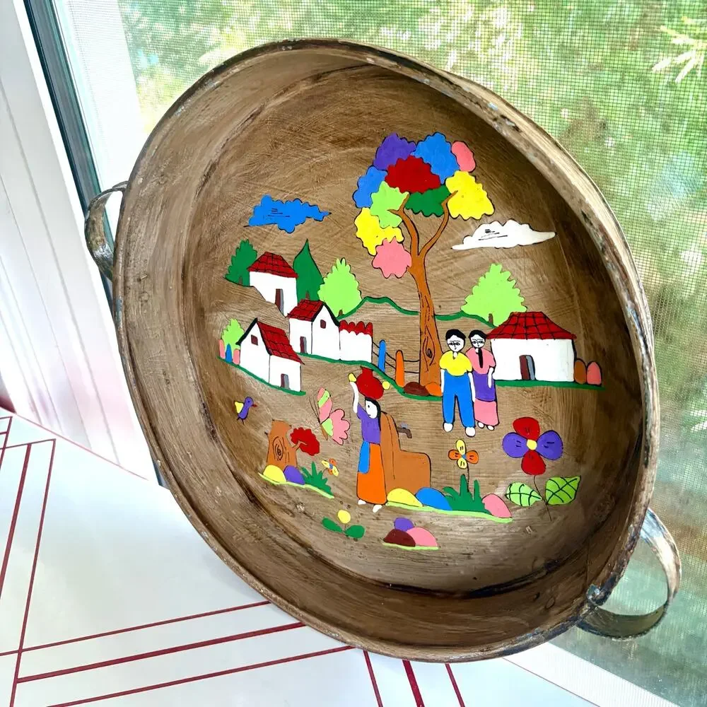 Vintage Hand Painted Folk Art Metal Tray Village Scene Round 14